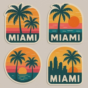 Set di adesivi con il tramonto di Miami, adesivo Palm Beach, motivo di vacanza tropicale, souvenir di viaggio, adesivo per laptop, decorazione colorata, idea regalo