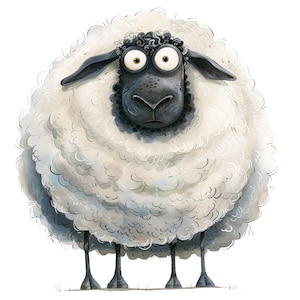 Könnte beinhalten: Cartoon-Illustration eines Schafs mit flauschigem, weißem Körper und schwarzem Gesicht, Ohren und Beinen. Das Schaf hat große, weite Augen und einen leicht überraschten Gesichtsausdruck. Das Kunstwerk ist vor weißem Hintergrund.