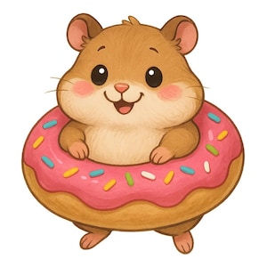 May include: A cartoon illustration of a cute hamster wearing a pink donut float. The hamster has brown fur, pink cheeks, and big black eyes. The donut is decorated with colorful sprinkles.