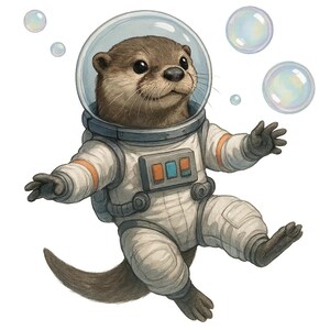 May include: An illustration of an otter wearing a white and orange astronaut suit with a clear helmet. The otter is floating with its arms and legs outstretched, surrounded by bubbles.
