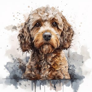 Könnte beinhalten: Aquarellmalerei eines braunen Cockapoo-Hundes mit lockigem Fell und freundlichem Ausdruck. Das Fell des Hundes ist eine Mischung aus hell- und dunkelbraun, mit einer helleren Schnauze. Der Hintergrund zeigt Aquarellspritzer in Grau- und Brauntönen.