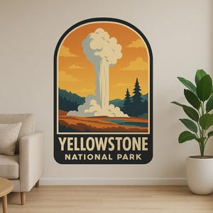 イエローストーン国立公園の壁ステッカー、風景と間欠泉をモチーフにした自然モチーフ。壁、キャンピングカー、ノートパソコンに貼るステッカーとして、アメリカのアウトドア愛好家への贈り物に。