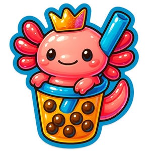 Ajolote con corona de purpurina en té de burbujas – Bonita pegatina de dibujos animados – Resistente a la intemperie – Regalo para amantes del té de burbujas, los animales y el humor