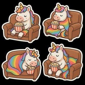 Lindo juego de pegatinas de unicornio, pegatinas de unicornio arcoíris, unicornio de dibujos animados con palomitas de maíz, decoración divertida de unicornio, pegatinas para habitación infantil, kawaii