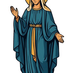 May include: Illustration of a figure in a teal blue robe with a gold halo. The figure has light skin and blonde hair, with a gold sash and a matching halo. The figure's arms are outstretched, and the image has a clean, graphic style.