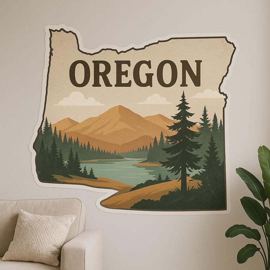 Oregon State Map Sticker Oregon Map & Landscape Wall Sticker Nature Motif With Outline Mountains ...