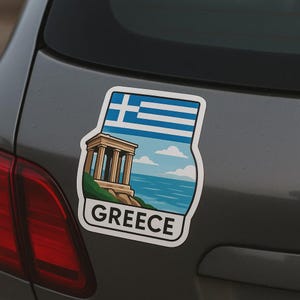 Adesivo con bandiera greca con tempio e vista mare per camper, laptop, auto, regalo per tifosi e viaggiatori dell'Hellas