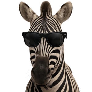 May include: A zebra's head is centered, wearing black sunglasses. The zebra's fur has black and white stripes. The background is plain white. The zebra is looking directly at the viewer.
