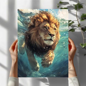 Póster premium león nadando en el océano 40 x 30 cm grande