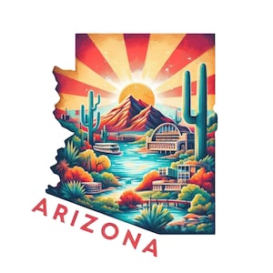 Könnte beinhalten: Bunte Illustration in Arizona-Form, die eine Wüstenlandschaft mit Kakteen, Bergen und einem Gewässer zeigt. Die Sonne geht hinter den Bergen unter. Das Wort "ARIZONA" ist rot gedruckt.
