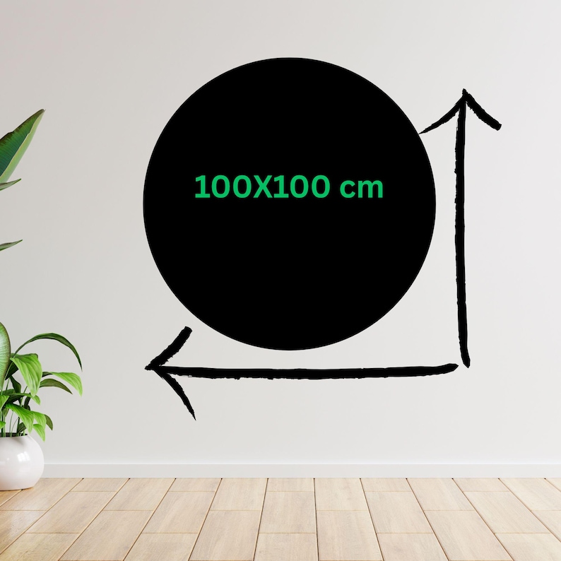 a black circle with a green text bubble indicating a size of 100x100 cm.