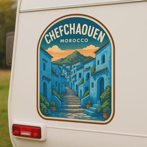 Adesivo per auto Chefchaouen – Destinazione di viaggio della città blu del Marocco – Adesivo Oriental Vanlife per auto e camper