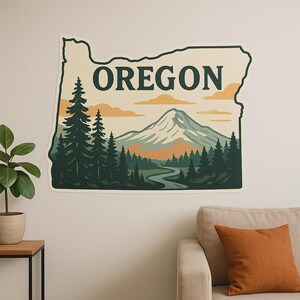 Carte de l'Oregon et autocollant mural paysage motif nature avec contour des montagnes comme autocollant pour mur camping-car ordinateur portable cadeau pour USA extérieur