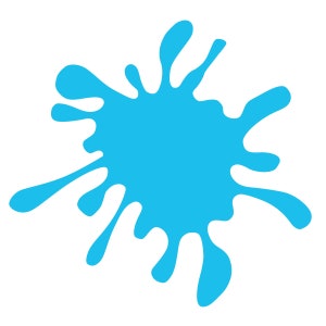 Op de afbeelding: Een felblauwe verfspatten, die lijkt op een waterdruppel, geïsoleerd op een witte achtergrond.