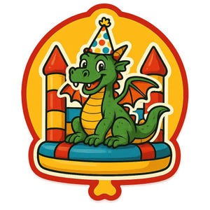 Pegatinas de dragón en un castillo inflable con gorro de fiesta, pegatinas de cómic para cumpleaños infantiles de fantasía, amigos y fanáticos de la diversión voladora.