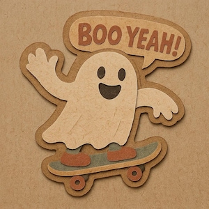 スケートボードに乗った幽霊 – 「Boo Yeah!」と言っている– 面白い漫画ステッカー – 耐候性 – スケート、ゴースト、ユーモアファンへのギフト