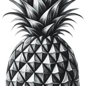 Könnte beinhalten: Schwarz-Weiß-Illustration einer Ananas. Die Frucht hat ein detailliertes geometrisches Muster auf ihrer Oberfläche, mit stacheligen Blättern an der Spitze. Das Bild verwendet Schwarz- und Weißtöne vor einem weißen Hintergrund.