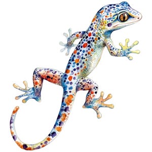 Può includere: Un'illustrazione ad acquerello di un geco con un colore di base bianco e vivaci macchie blu, viola e arancioni su tutto il corpo, la testa e la lunga coda. La lucertola ha grandi occhi dettagliati e quattro zampe divaricate con dita visibili.