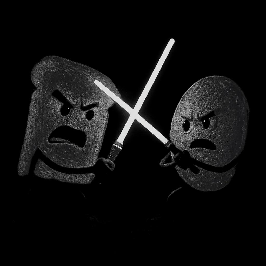 Toast with a laser sword fights against Pancake – Funny cartoon sticker – weatherproof – gift for foodies, nerds & humor fans