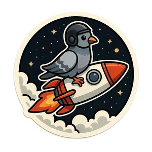 Pegatina de paloma cohete | Paloma de dibujos animados con casco viajando en cohete | Cómic espacial de animales con humor | Pegatina divertida de vuelo