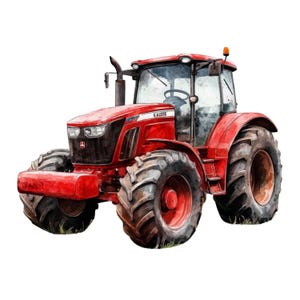 Op de afbeelding: Waterverfillustratie van een rode tractor met grote, getextureerde banden. De tractor heeft een zwart-grijze cabine met een stuurwiel zichtbaar van binnen. De tractor staat tegen een witte achtergrond.