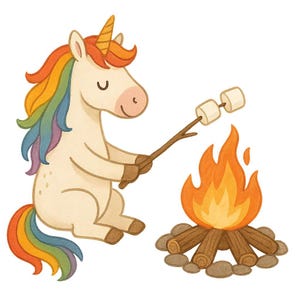 Könnte beinhalten: Eine skurrile Illustration eines Einhorns, das Marshmallows über einem Lagerfeuer röstet. Das Einhorn hat eine Regenbogenmähne und einen Regenbogen-Schweif sowie ein goldenes Horn. Das Lagerfeuer besteht aus Holzscheiten und Steinen mit hellorangen Flammen.