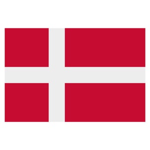May include: The flag of Denmark, a red rectangular flag with a white cross extending to the edges.