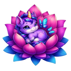 Puede incluir: Ilustración de dibujos animados de un unicornio morado con un cuerno dorado, acurrucado en una gran flor rosa y azul. Dos mariposas azules están cerca. El unicornio tiene pelo azul y morado y está sonriendo.