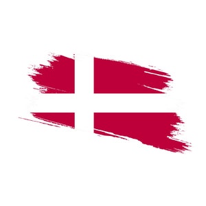 Könnte beinhalten: Eine rot-weiße Flagge Dänemarks, die mit einem Pinselstrich-Effekt gemalt wurde. Die Flagge ist ein schlichtes Design mit einem weißen Kreuz auf rotem Hintergrund.