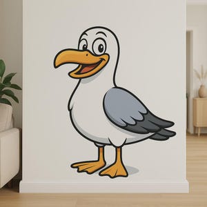 Sticker mural drôle de mouette de dessin animé - Oiseau ludique dans un style comique pour la décoration de salle de bain, de chambre d'enfant ou de camping-car fans côtiers amoureux des animaux