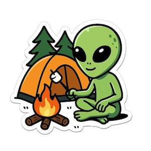 Alien Camping Sticker – Funny Car Sticker – Weatherproof, Extraterrestrial – Gift for Sci-Fi Fans, Campers, and Nerds