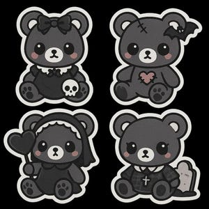 Set di adesivi con orsetto gotico carino con orsetto nero, orso della cripta, peluche di Halloween e decorazione del cimitero - Perfetto per laptop
