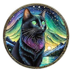 2 adesivi in vinile personalizzabili per esterni con gatto in vetro colorato e Aurora Boreale