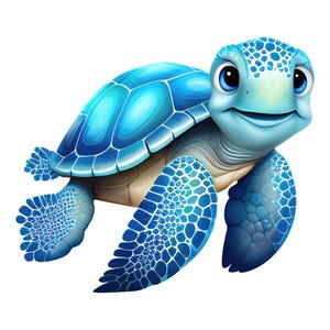 Può includere: Illustrazione di un cartone animato di una tartaruga marina sorridente. La tartaruga ha una testa e pinne azzurre, un guscio blu scuro e grandi occhi espressivi. Il guscio ha un design segmentato e le pinne hanno una trama a motivi.