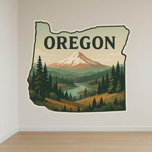 Carte de l'Oregon et autocollant mural paysage motif nature avec contour des montagnes comme autocollant pour mur camping-car ordinateur portable cadeau pour USA extérieur