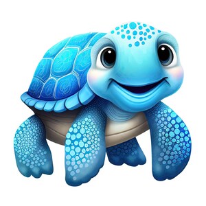 Può includere: Una simpatica tartaruga dei cartoni animati con guscio e corpo azzurro chiaro e ventre beige. La tartaruga ha grandi occhi amichevoli e un ampio sorriso. Il guscio presenta un motivo dettagliato e le pinne sono punteggiate di cerchi.