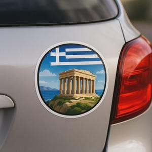 Adesivo con bandiera greca con tempio e vista mare per camper, laptop, auto, regalo per tifosi e viaggiatori dell'Hellas