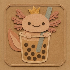 Ajolote con corona de purpurina en té de burbujas – Bonita pegatina de dibujos animados – Resistente a la intemperie – Regalo para amantes del té de burbujas, los animales y el humor