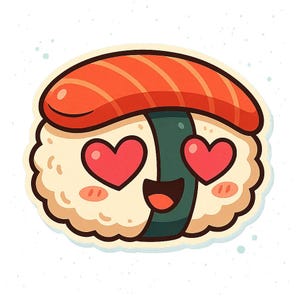 Adesivi kawaii di sushi | Divertente adesivo anime con occhi a cuore | Motivo alimentare giapponese | Regalo otaku per gli amanti del sushi