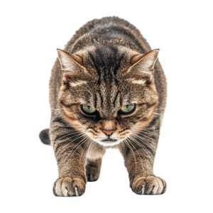 Könnte beinhalten: Nahaufnahme einer braunen getigerten Katze mit grünen Augen, vor weißem Hintergrund. Das Fell der Katze weist ein gestreiftes Muster auf. Die Katze befindet sich in einer konzentrierten Haltung, die Ohren sind aufgestellt und der Blick ist nach vorne gerichtet.