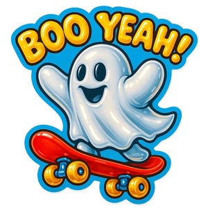 スケートボードに乗った幽霊 – 「Boo Yeah!」と言っている– 面白い漫画ステッカー – 耐候性 – スケート、ゴースト、ユーモアファンへのギフト