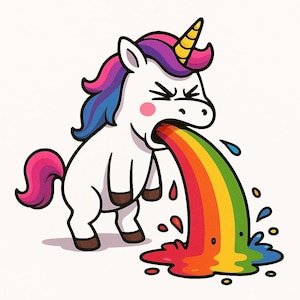 Könnte beinhalten: Ein Cartoon-Einhorn mit rosa Mähne und Schwanz erbricht einen Regenbogen. Das Einhorn hat einen traurigen Gesichtsausdruck und schaut auf den Regenbogen.