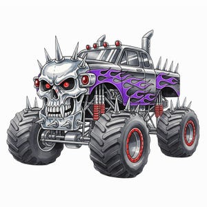 Könnte beinhalten: Illustration eines Monster Trucks mit schädelartiger Front, roten Augen und silbernen Stacheln. Der Truck hat violette Flammen an der Seite und große, schwarze Reifen mit roten Akzenten. Das Fahrzeug ist ein stilisierter, cartoonartiger Entwurf.