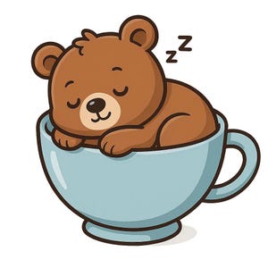 Peut inclure: Illustration d'un ourson brun endormi dans une tasse bleu clair. L'ours a les yeux fermés et la lettre "z" au-dessus de sa tête, indiquant le sommeil. La tasse a une anse et une base arrondie.