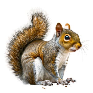 Könnte beinhalten: Detaillierte Illustration eines Eichhörnchens mit buschigem Schwanz. Das Eichhörnchen hat graues, braunes und weißes Fell, mit einem hellbraunen Gesicht und großen, dunklen Augen. Es sitzt auf weißem Hintergrund, mit ein paar kleinen Samen um seine Füße verstreut.