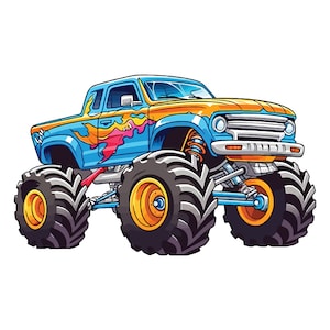 モンスタートラックのステッカー - 巨大なタイヤを備えたカラフルなコミックトラック。子供向けの車ファンやオフロードファンへのステッカーギフトのアイデア。