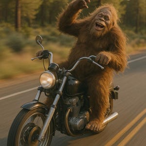 Laughing monkey on motorcycle, funny animal picture, humorous animal art, funny motorcycle ride, monkey on road, fun and freedom, cool