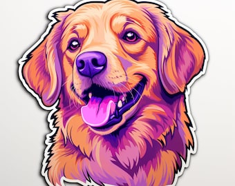 May include: A digital illustration of a golden retriever dog with a pink tongue sticking out. The dog has a purple and orange color scheme.