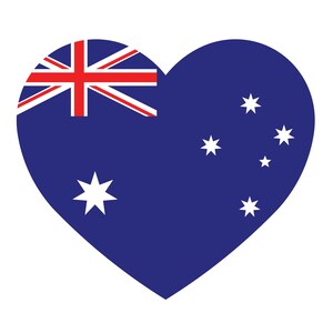 以下が含まれることがあります： オーストラリアの国旗をあしらったハート型のグラフィック。左上にはユニオンジャック、右側には深青色の背景に白い星で南十字星が描かれています。