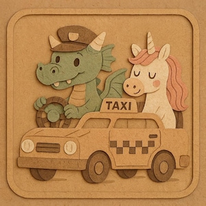 ユニコーンを乗せたタクシー運転手のドラゴン – 面白い漫画ステッカー – 耐候性 – ファンタジー、動物、ユーモアファンへのギフト